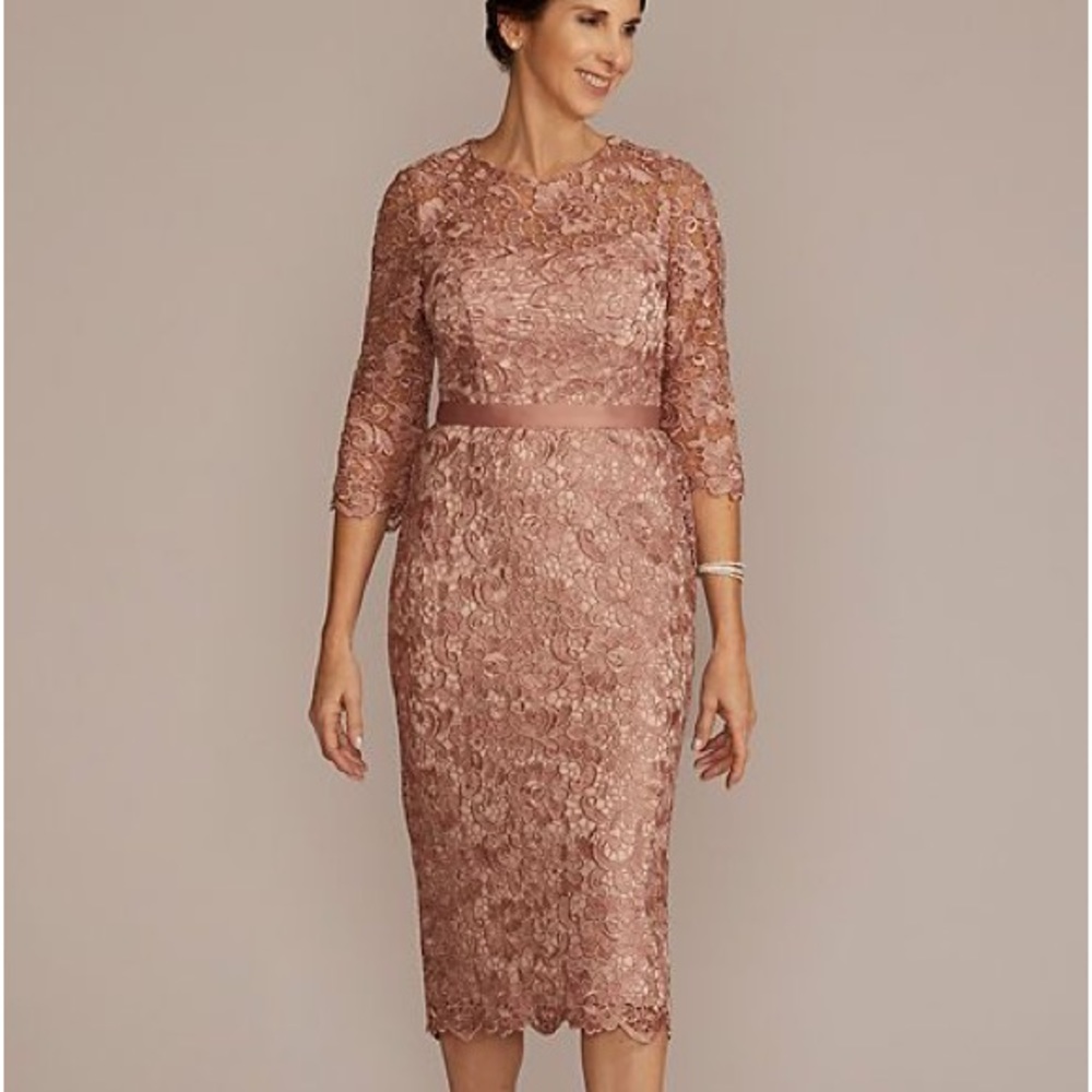 THREE-QUARTER LACE MIDI DRESS WITH SATIN WAISTBAND - OLEG CASSINI -mauve, size 6